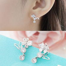 蝶舞花間，閃耀耳畔 2012新款9折韓國(guó)進(jìn)口蝴蝶戀花水鉆耳釘